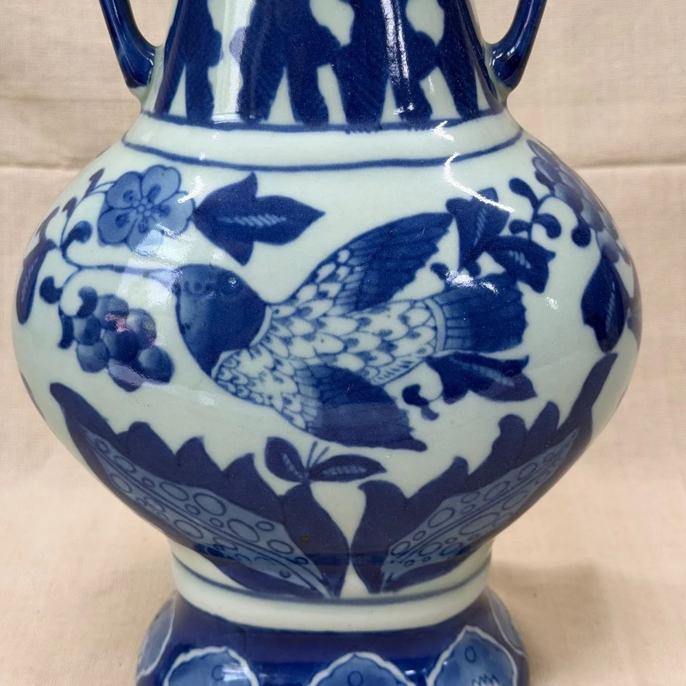 Vintage Blue and White Porcelain Bird Vase with Handles Chinoiserie 12 Inch